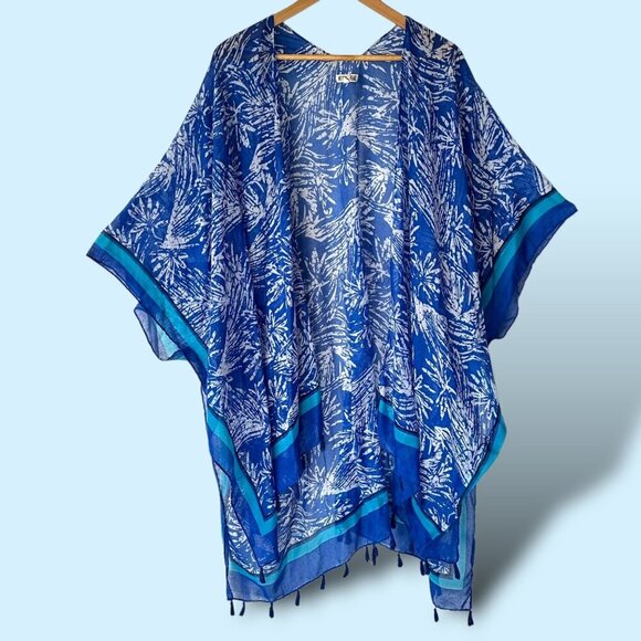 Woven‎ Heart Sheer Duster Flowy Sheer Fringe Blue White Arm Holes One Size EUC - Picture 1 of 7